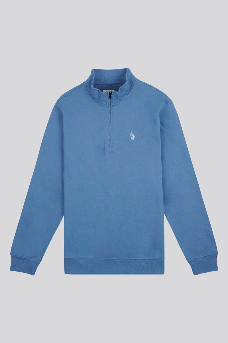 Mens Double Horsemen ¼ Zip Loop Back Sweatshirt in Blue Horizon