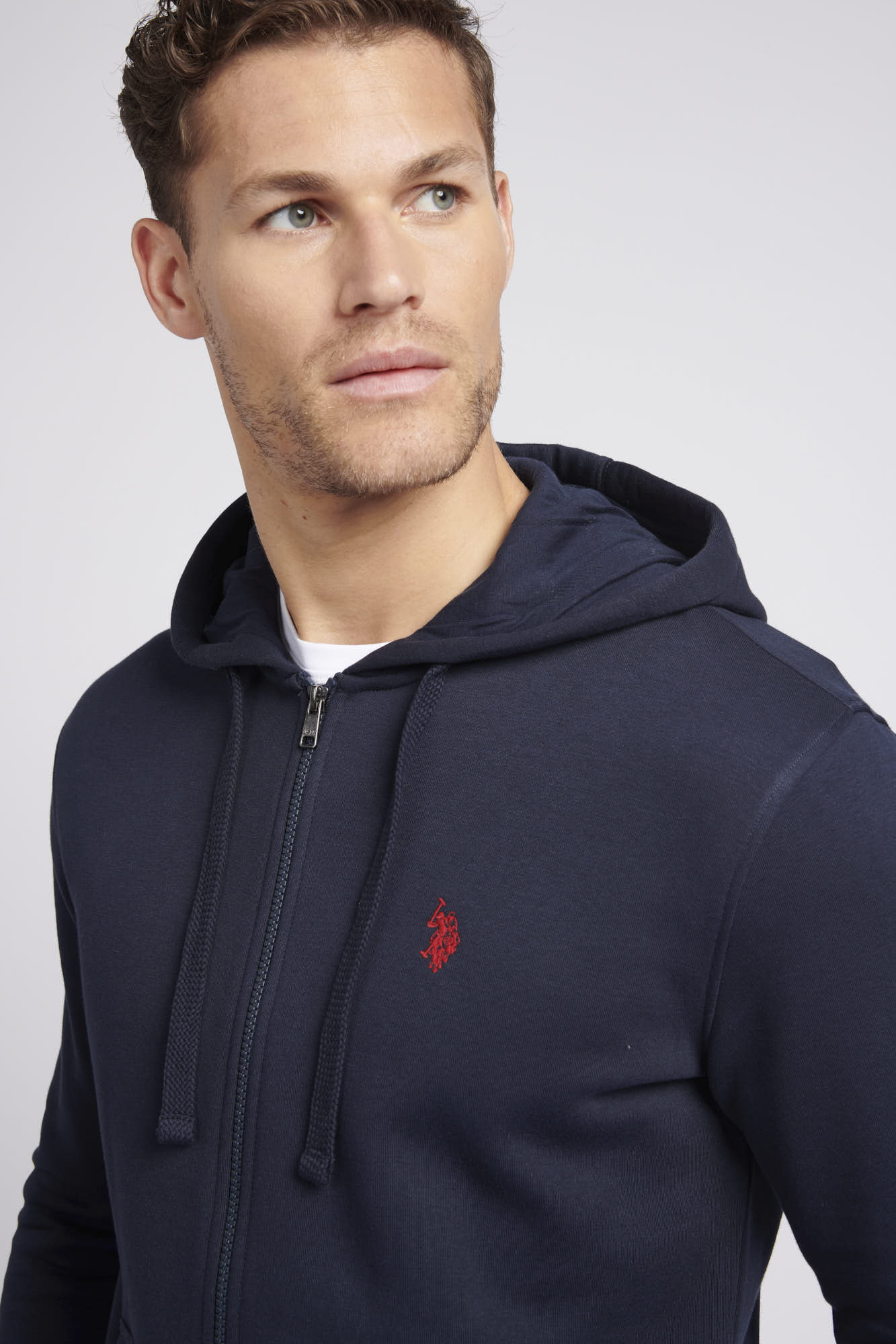 Mens Double Horsemen Zip Hoodie in Dark Sapphire Navy / Haute Red DHM