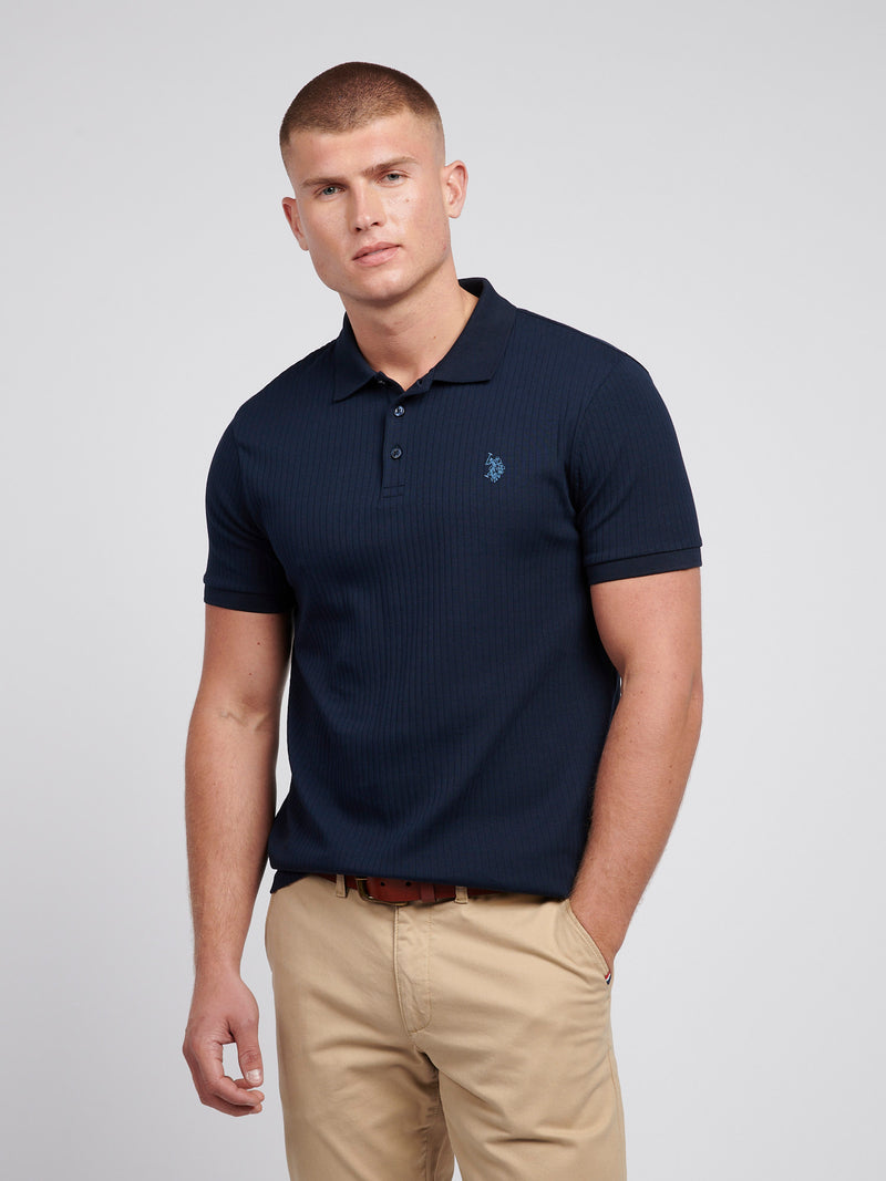 Mens Wide Rib Polo Shirt in Dark Sapphire Navy / Moonlight Blue DHM