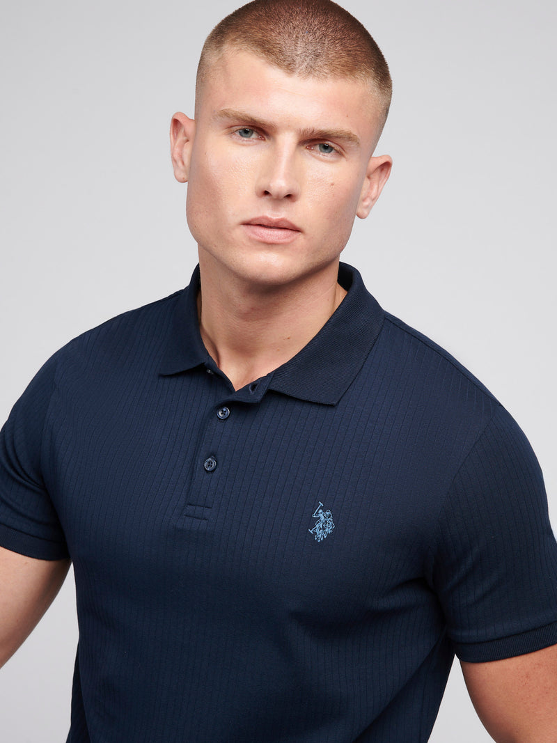 Mens Wide Rib Polo Shirt in Dark Sapphire Navy / Moonlight Blue DHM