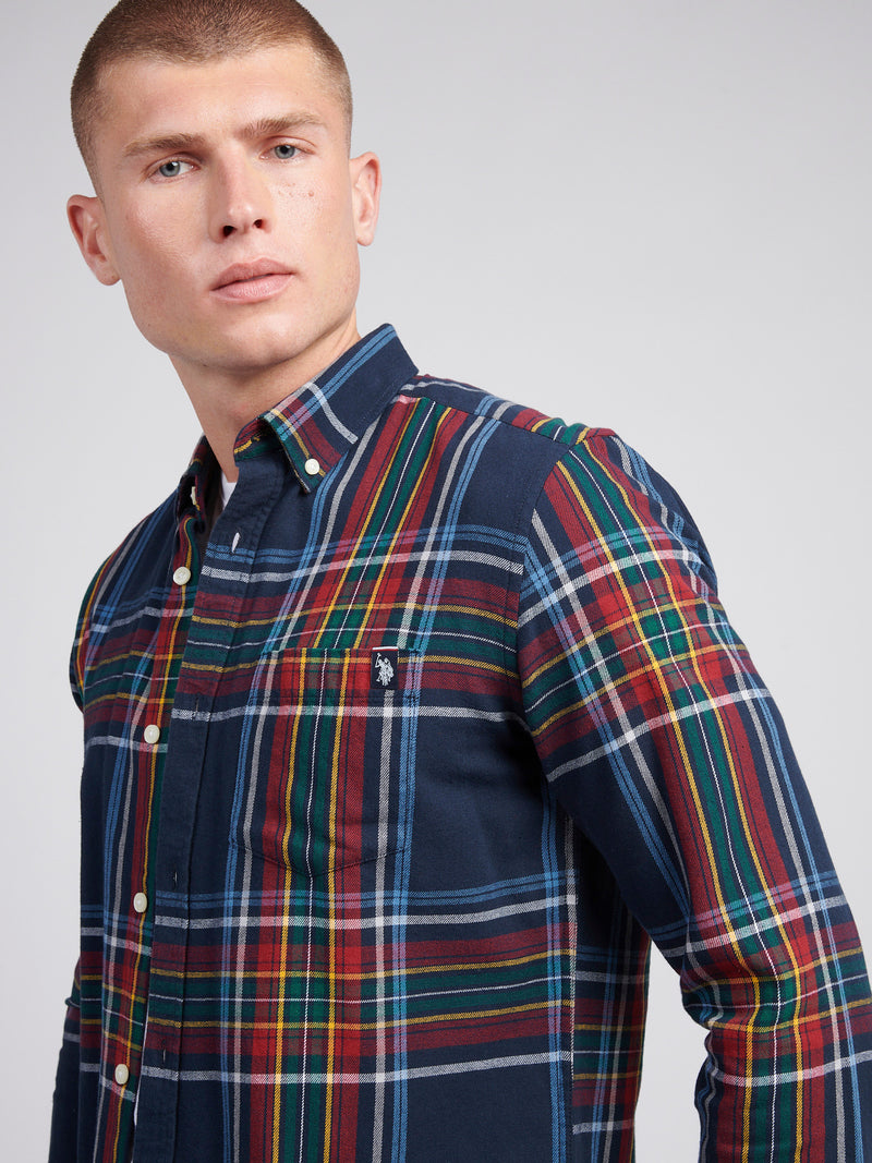 Mens Variation Check Cotton Twill Shirt in Dark Sapphire Navy