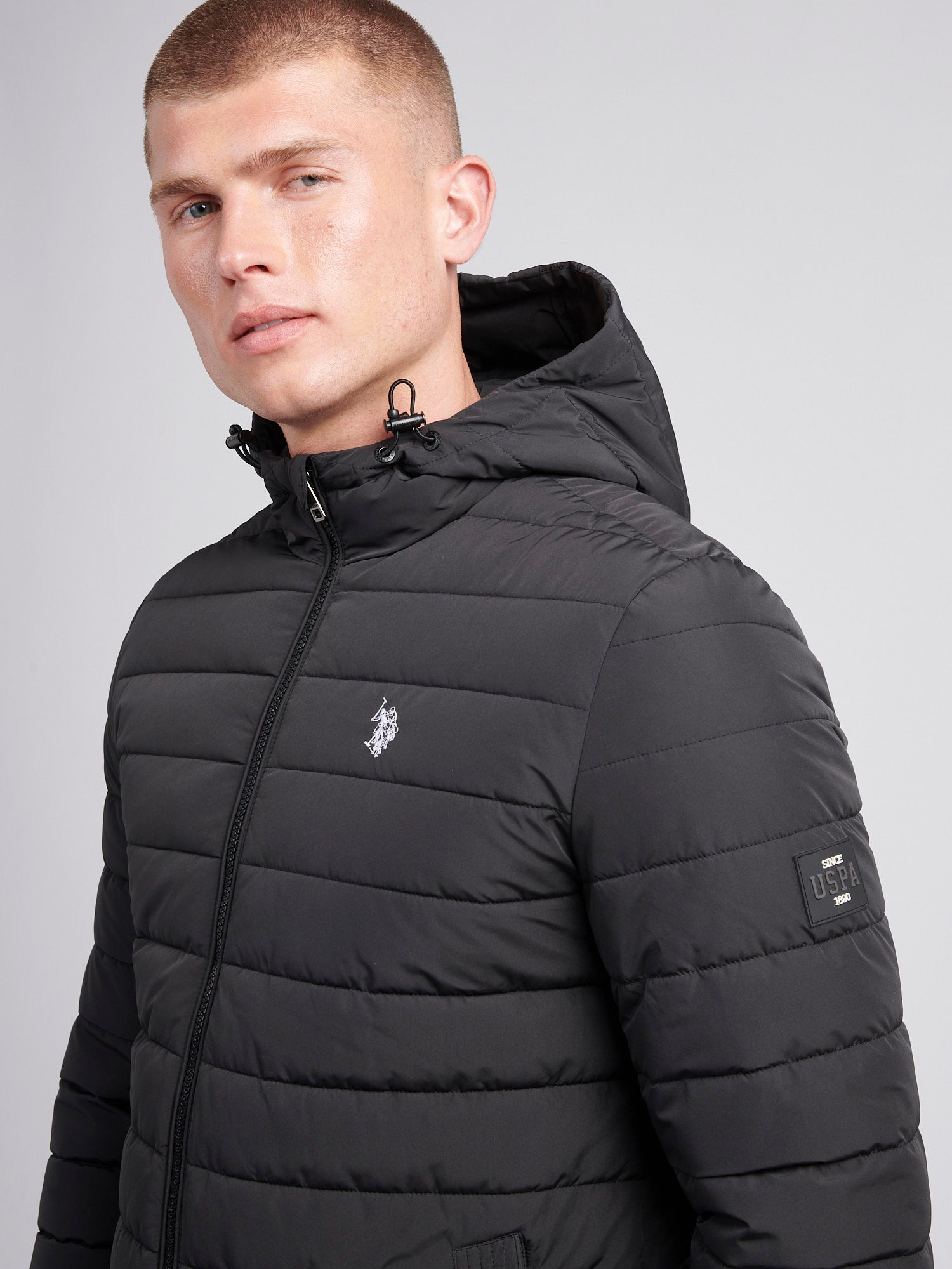 Mens Lightweight Quilt Hooded Puffer Jacket in Black