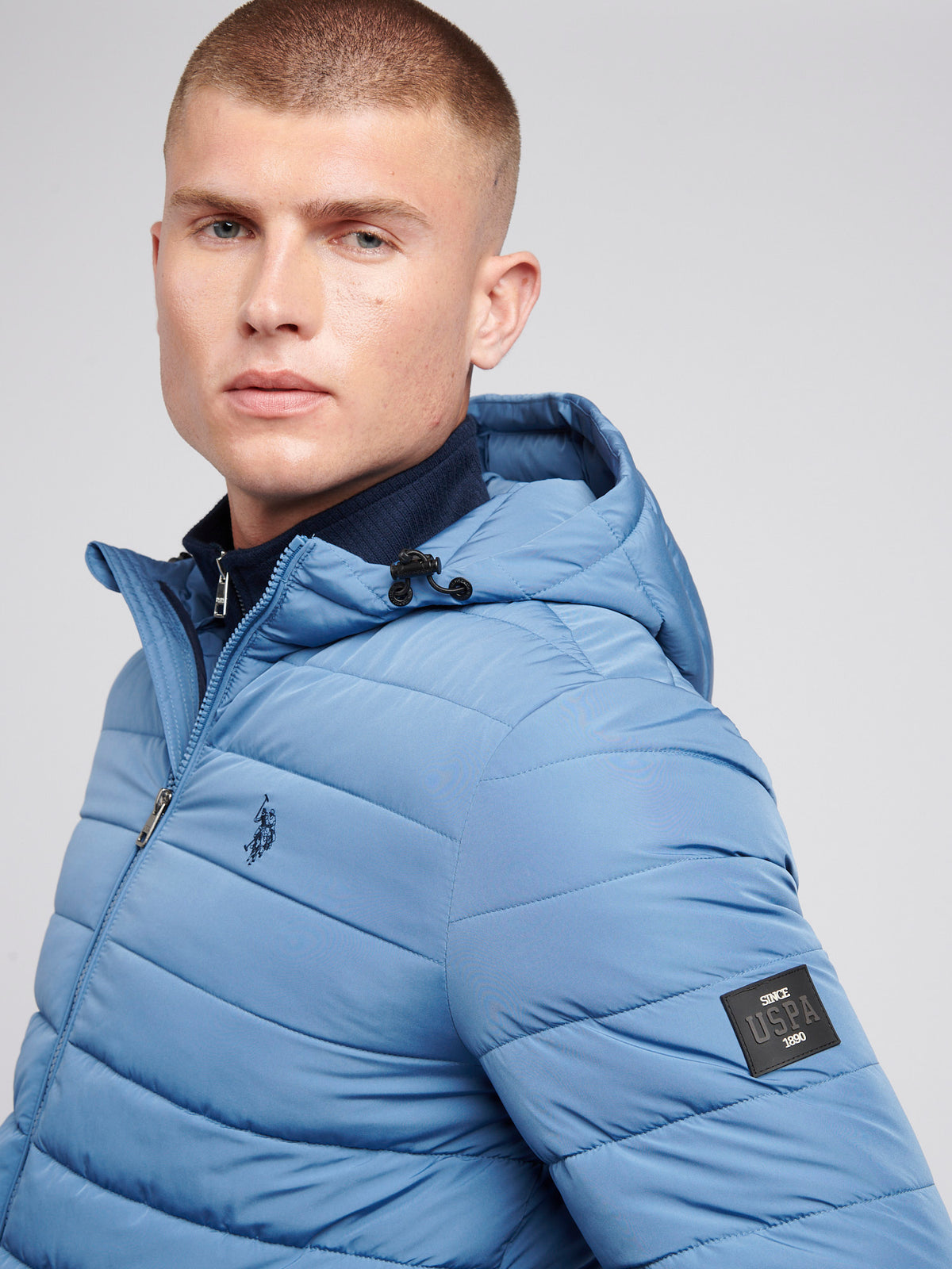 Mens Lightweight Quilt Hooded Puffer Jacket in Blue Horizon