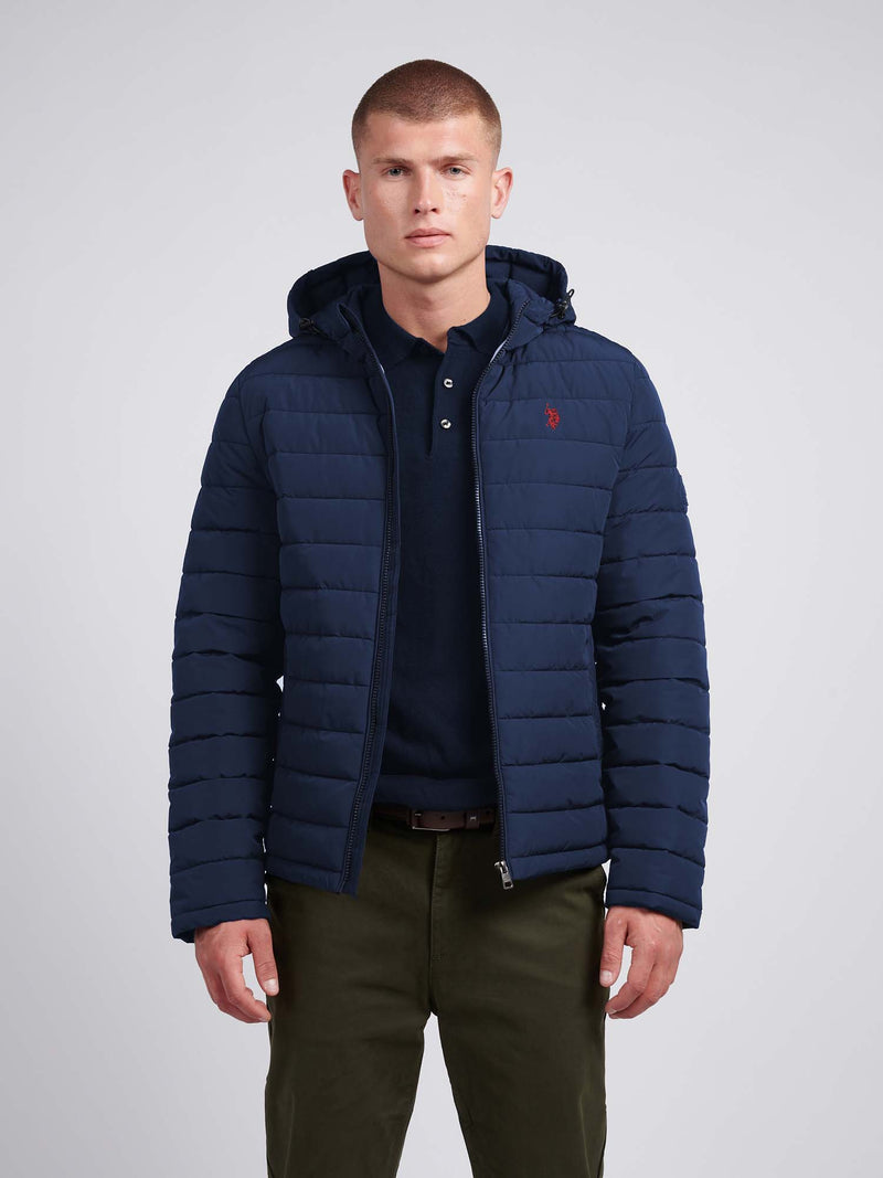 Mens Lightweight Quilt Hooded Puffer Jacket in Dark Sapphire Navy