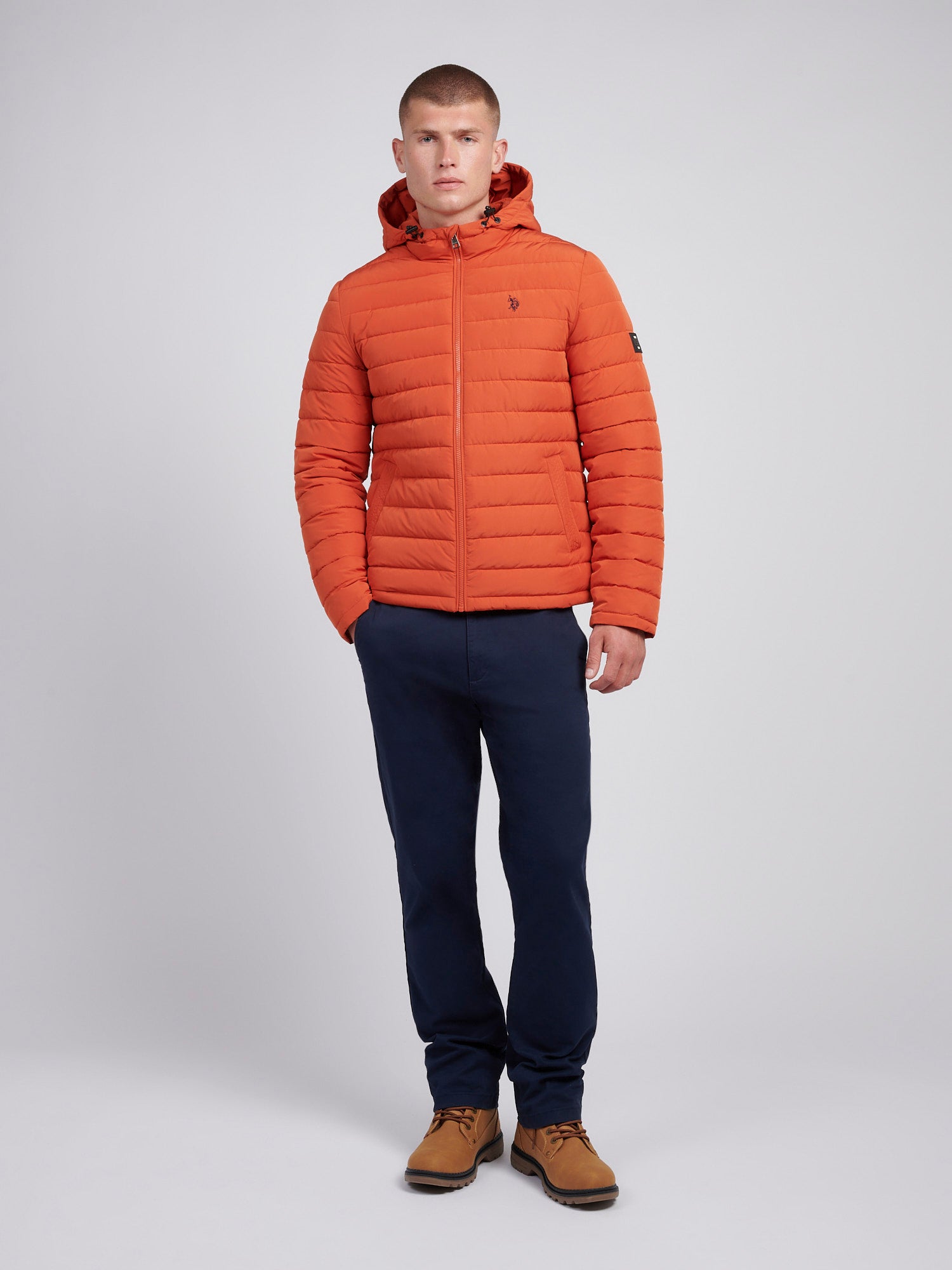 Mens Lightweight Quilt Hooded Puffer Jacket in Burnt Ochre