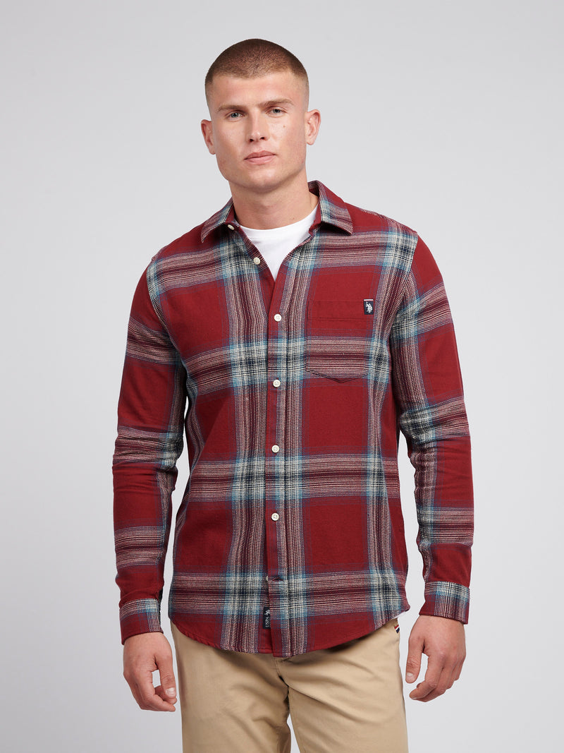 Mens Ombre Check Cotton Shirt in Tibetan Red