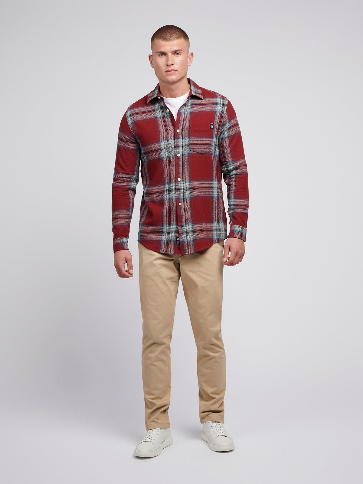 Mens Ombre Check Cotton Shirt in Tibetan Red