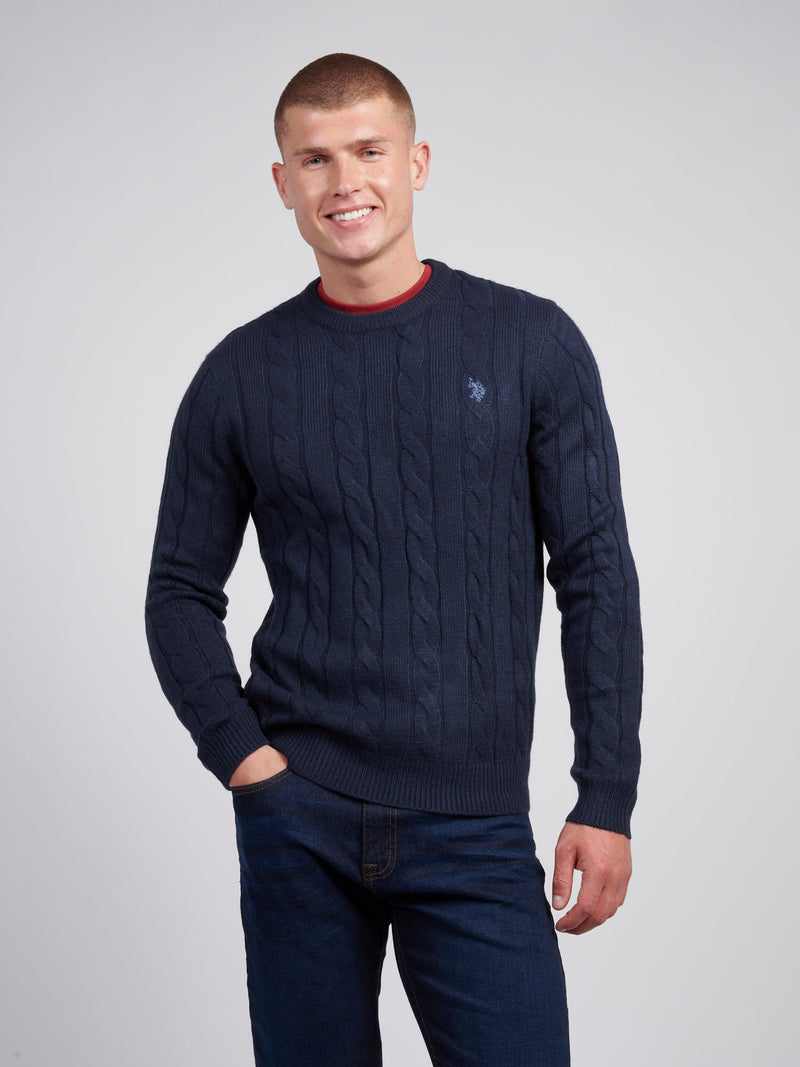 Mens Cable Knit Crew Neck in Dark Sapphire Navy / Moonlight Blue DHM