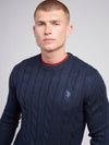 Mens Cable Knit Crew Neck in Dark Sapphire Navy / Moonlight Blue DHM