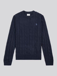 Mens Cable Knit Crew Neck in Dark Sapphire Navy / Moonlight Blue DHM