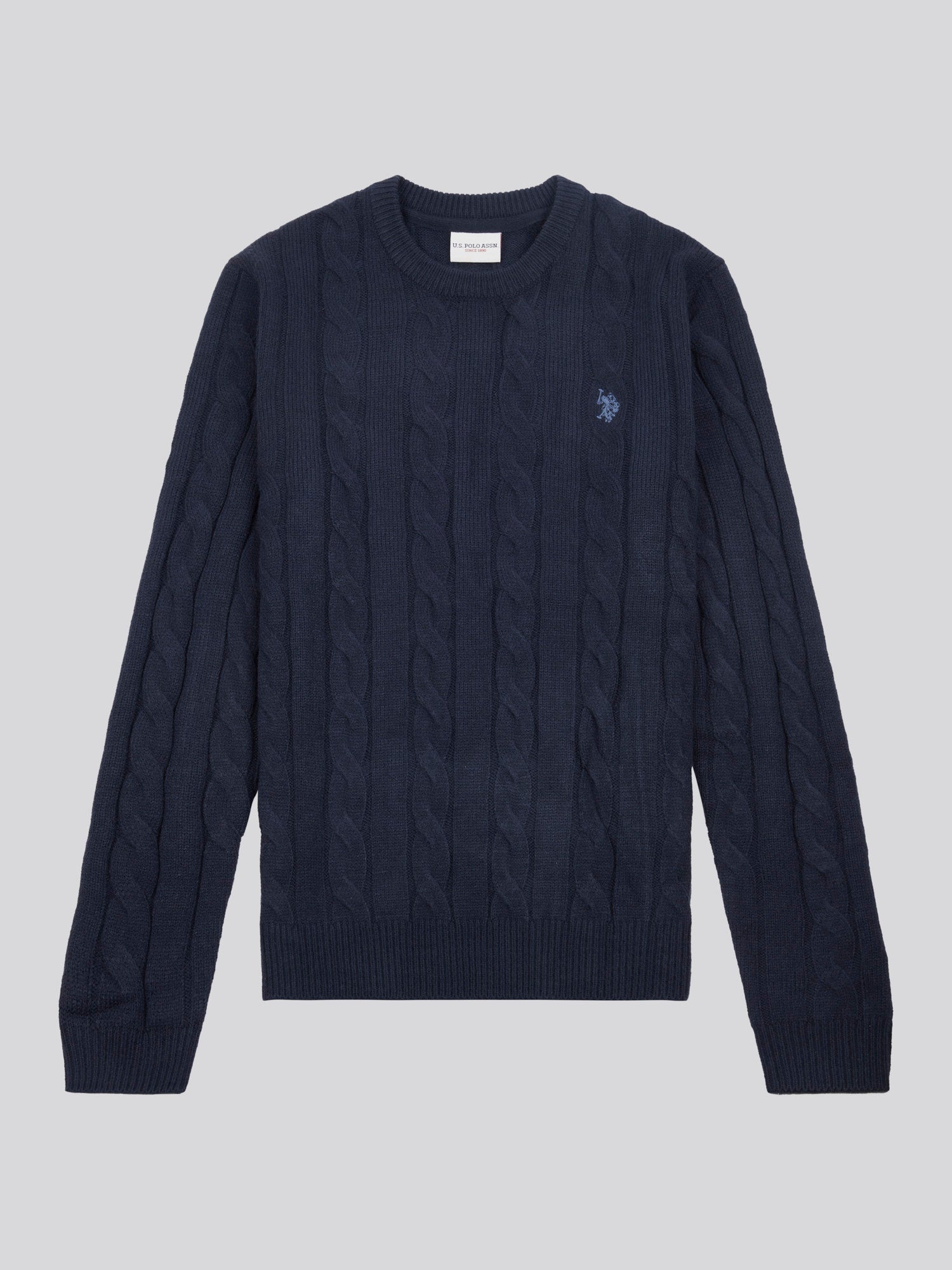 Mens Cable Knit Crew Neck in Dark Sapphire Navy / Moonlight Blue DHM