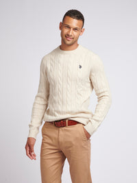 Mens Cable Knit Crew Neck in Birch Marl