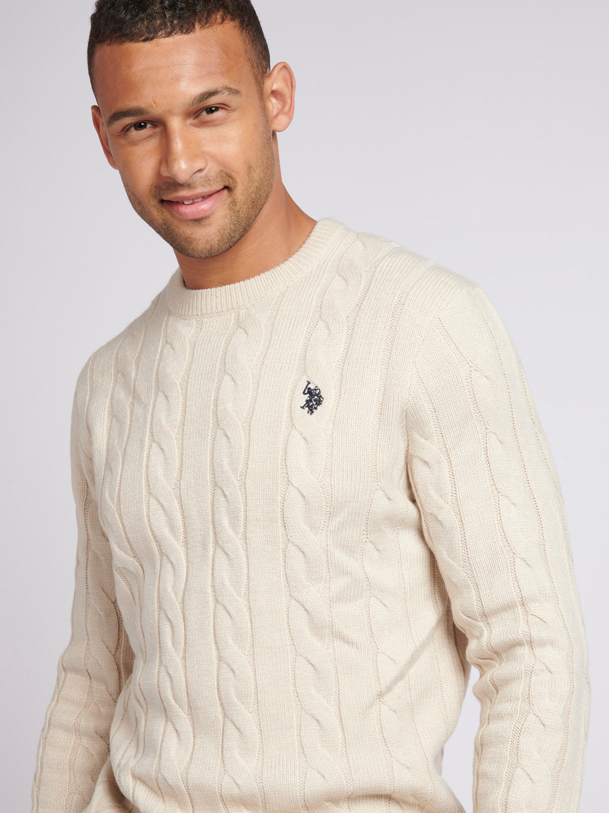 Mens Cable Knit Crew Neck in Birch Marl