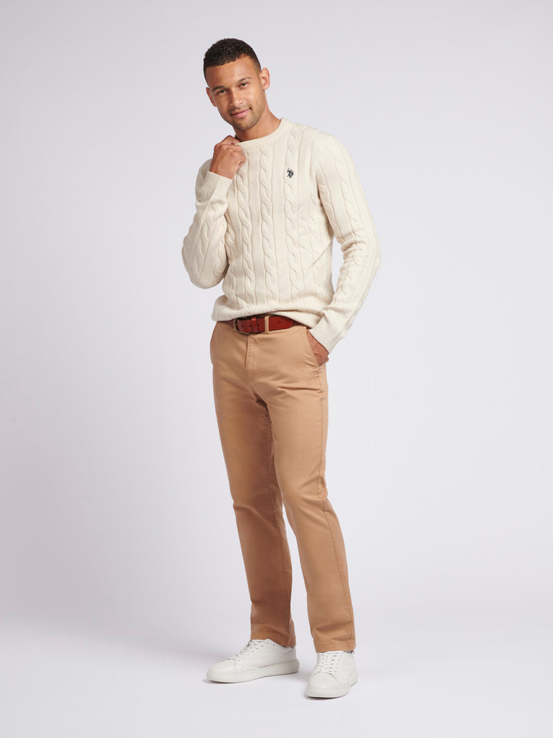 Mens Cable Knit Crew Neck in Birch Marl