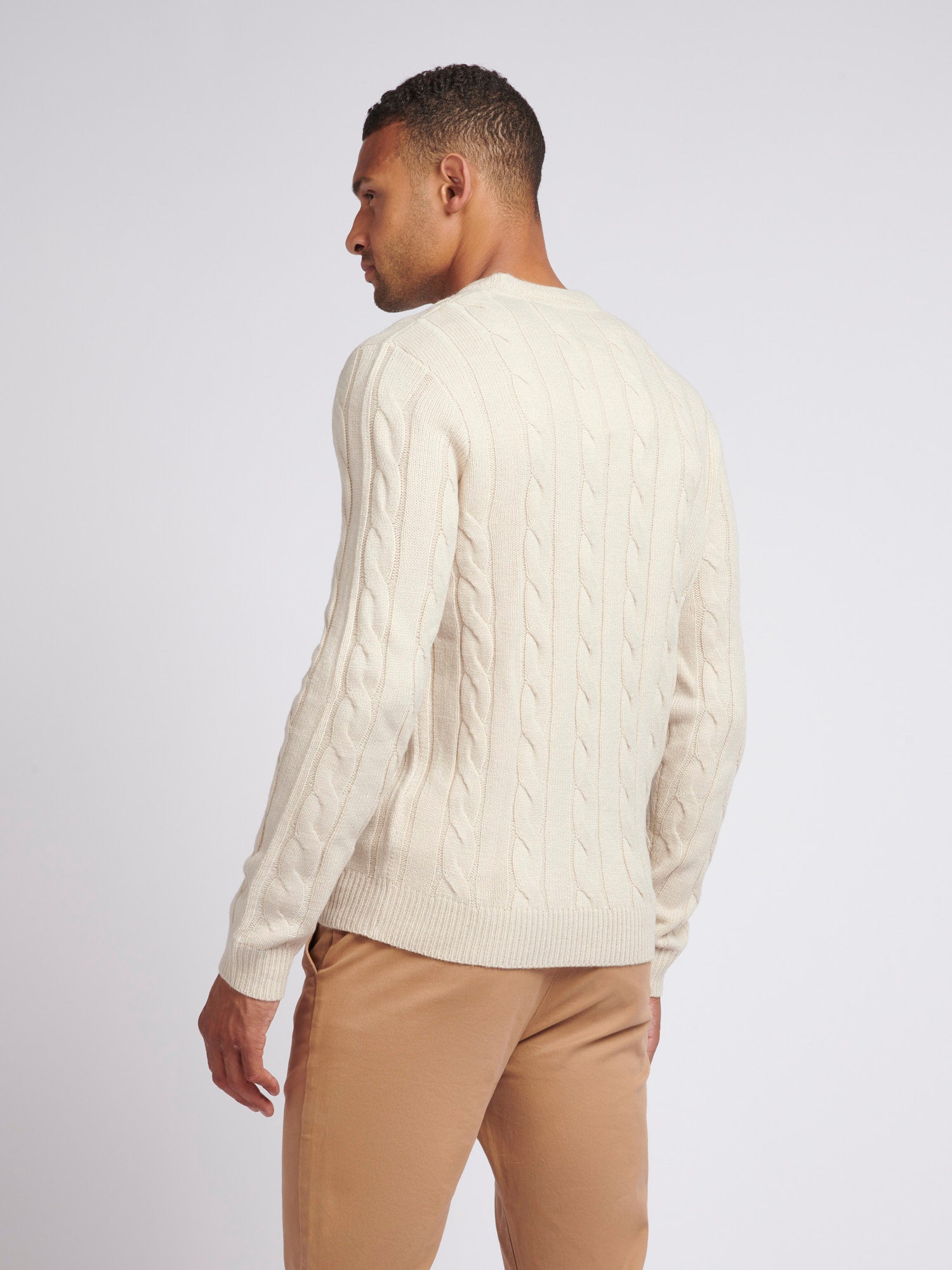 Mens Cable Knit Crew Neck in Birch Marl