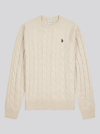 Mens Cable Knit Crew Neck in Birch Marl