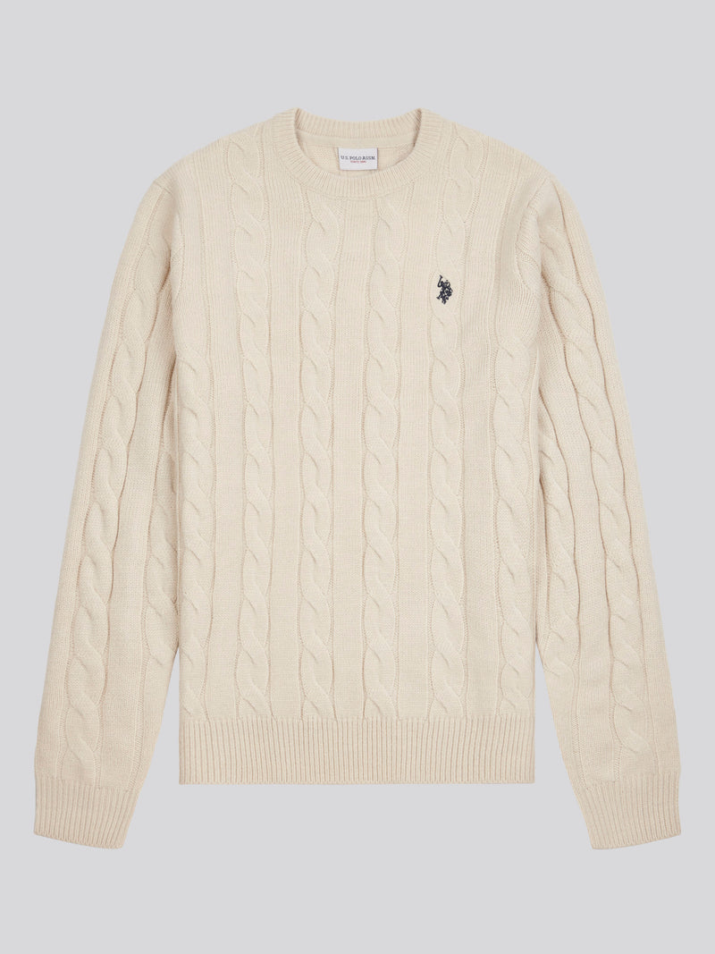 Mens Cable Knit Crew Neck in Birch Marl