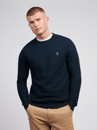 Mens Checkerboard Knit Crew Neck in Dark Sapphire Navy / Moonlight Blue DHM