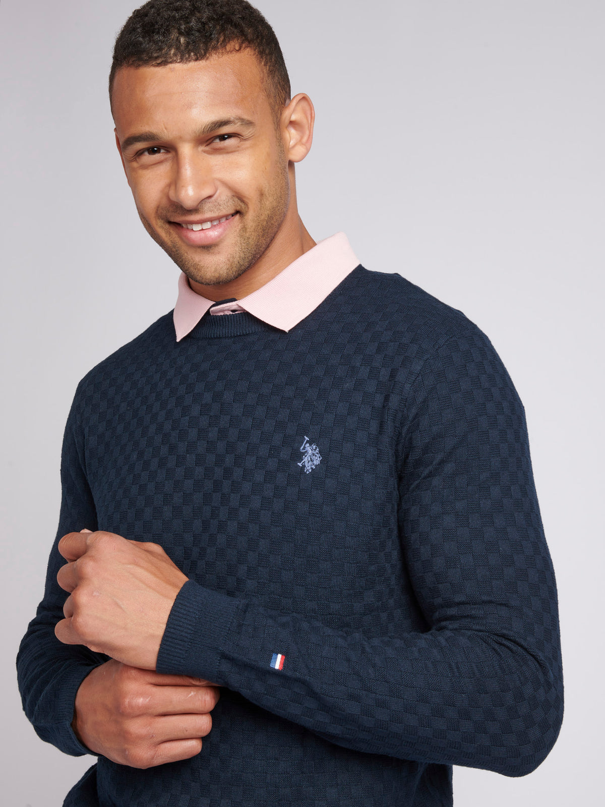 Mens Checkerboard Knit Crew Neck in Dark Sapphire Navy / Moonlight Blue DHM