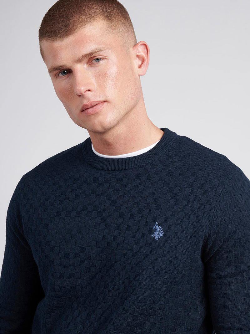 Mens Checkerboard Knit Crew Neck in Dark Sapphire Navy / Moonlight Blue DHM