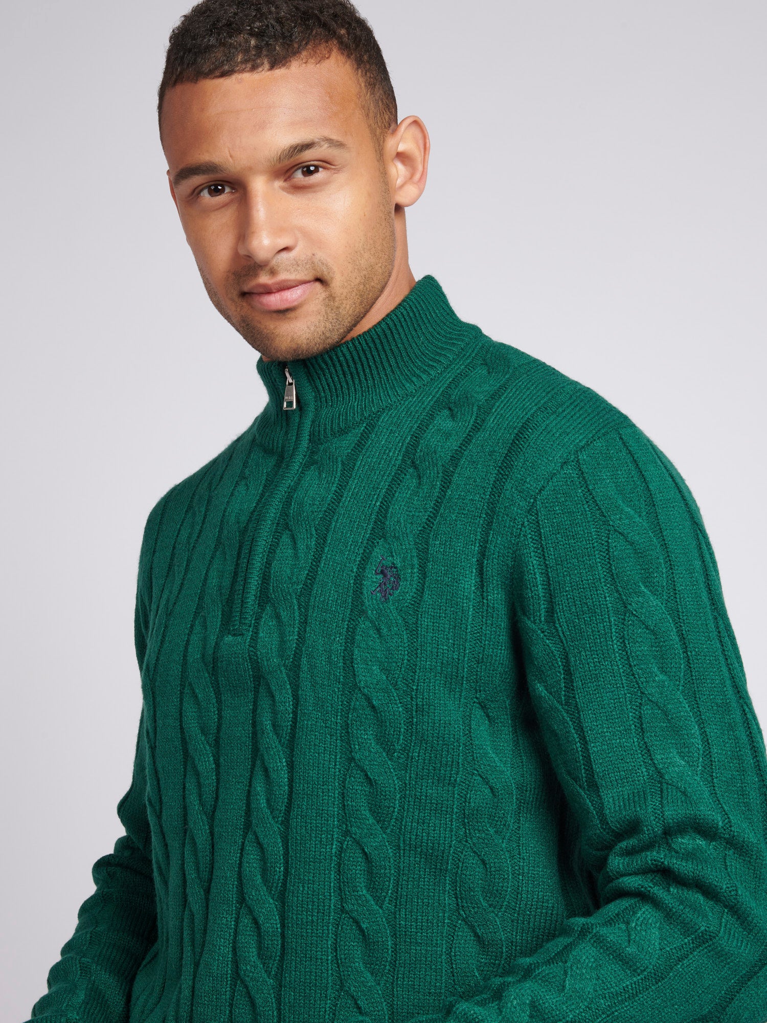 Mens Cable Knit Funnel Neck in Rain Forest U.S. Polo Assn. UK