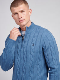 Mens Cable Knit Funnel Neck in Blue Horizon