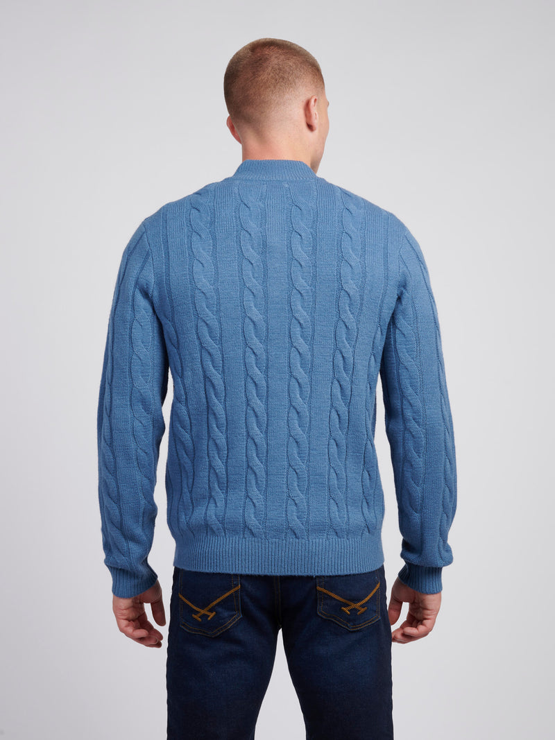 Mens Cable Knit Funnel Neck in Blue Horizon