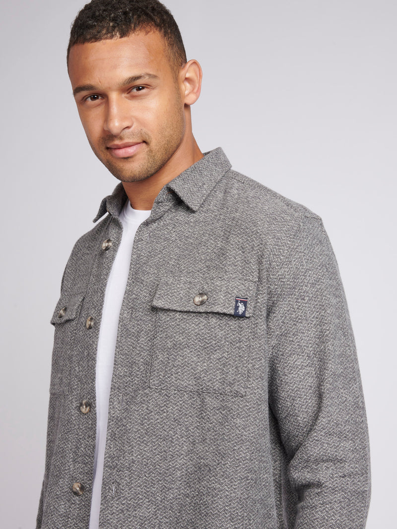 Mens Textured Herringbone Overshirt in Mid Grey Marl