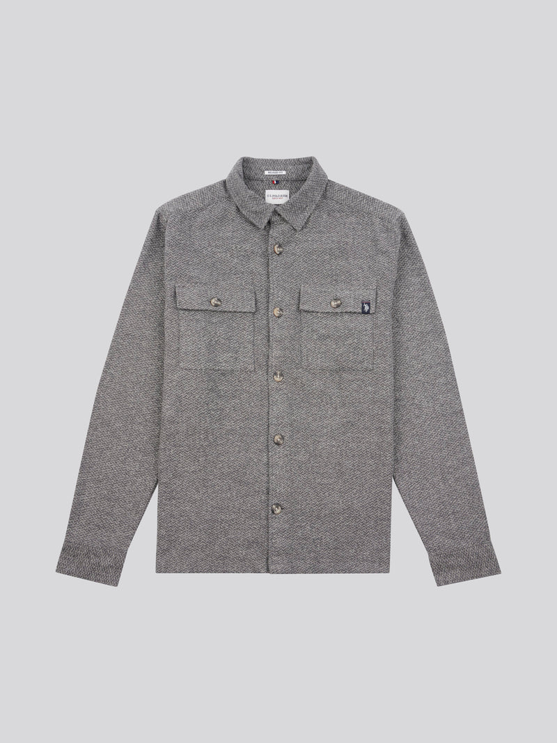 Mens Textured Herringbone Overshirt in Mid Grey Marl