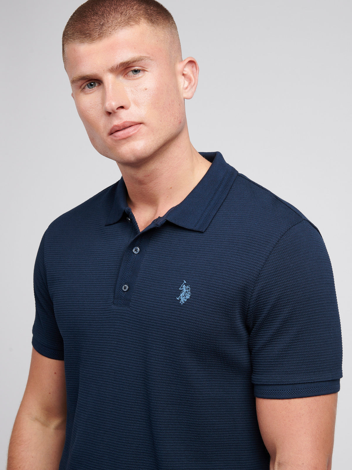 Mens Collar Interest Textured Polo Shirt in Dark Sapphire Navy / Moonlight Blue DHM