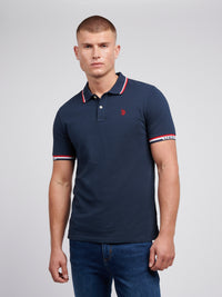 Mens Brand Stripe Pique Polo Shirt in Dark Sapphire Navy