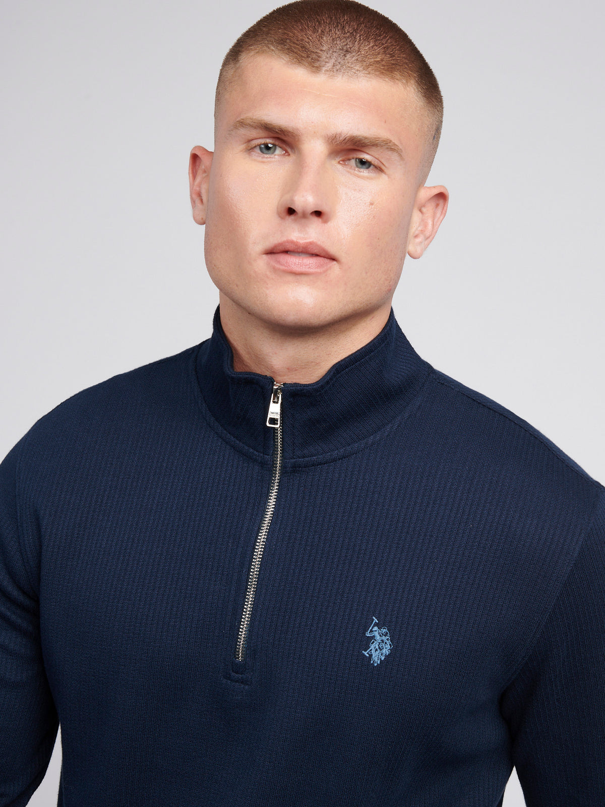 Mens Textured Rib ¼ Zip Sweatshirt in Dark Sapphire Navy / Moonlight Blue DHM