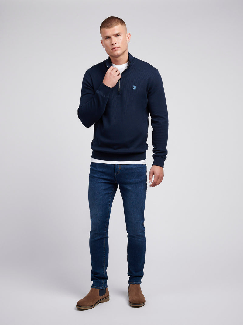 Mens Textured Rib ¼ Zip Sweatshirt in Dark Sapphire Navy / Moonlight Blue DHM