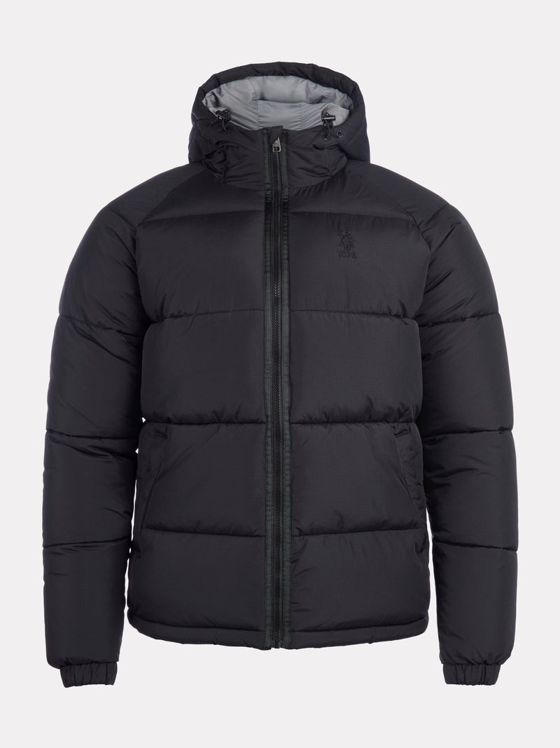 Mens Ripstop Hooded Puffer Jacket in Black