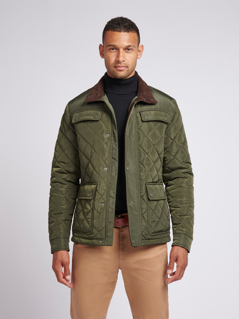 Mens Diamond Quilted Funnel Jacket in Forest Night