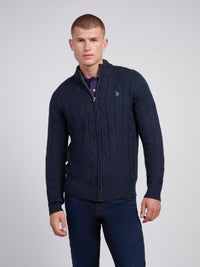 Mens Cable Knit Zip Funnel Neck in Dark Sapphire Navy / Moonlight Blue DHM