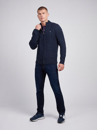 Mens Cable Knit Zip Funnel Neck in Dark Sapphire Navy / Moonlight Blue DHM