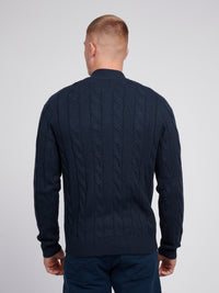 Mens Cable Knit Zip Funnel Neck in Dark Sapphire Navy / Moonlight Blue DHM