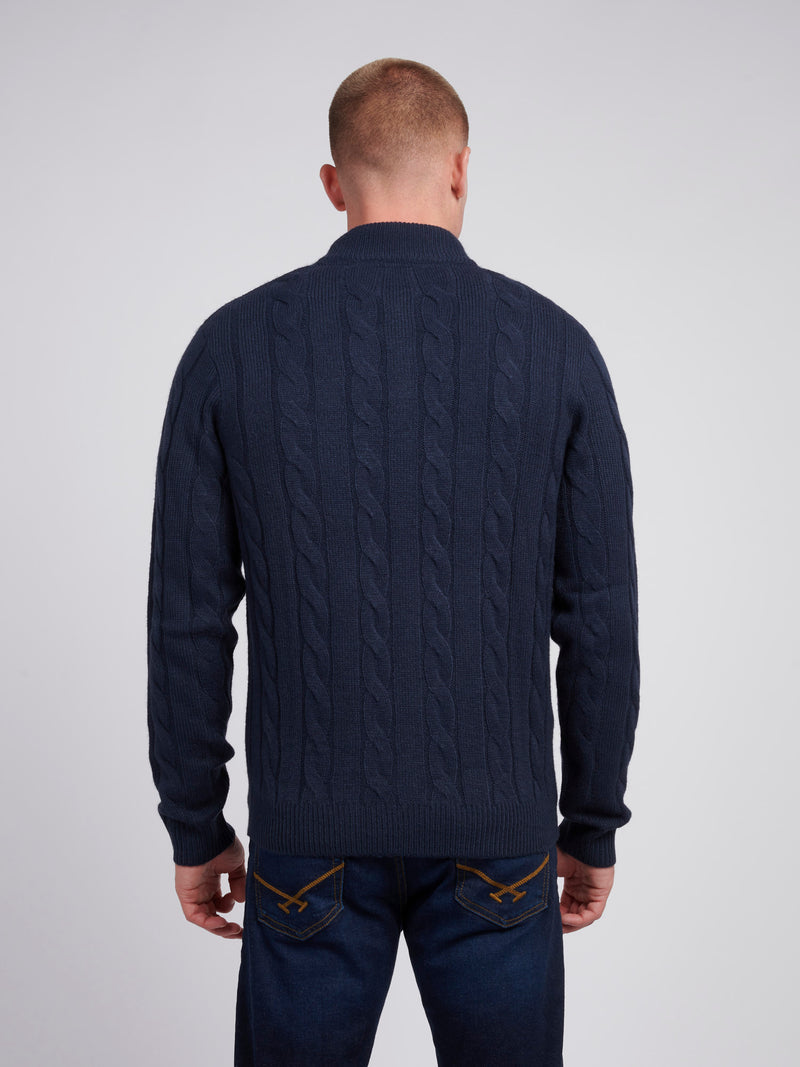 Mens Cable Knit Zip Funnel Neck in Dark Sapphire Navy / Moonlight Blue DHM