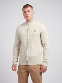 Mens Cable Knit Zip Funnel Neck in Birch Marl