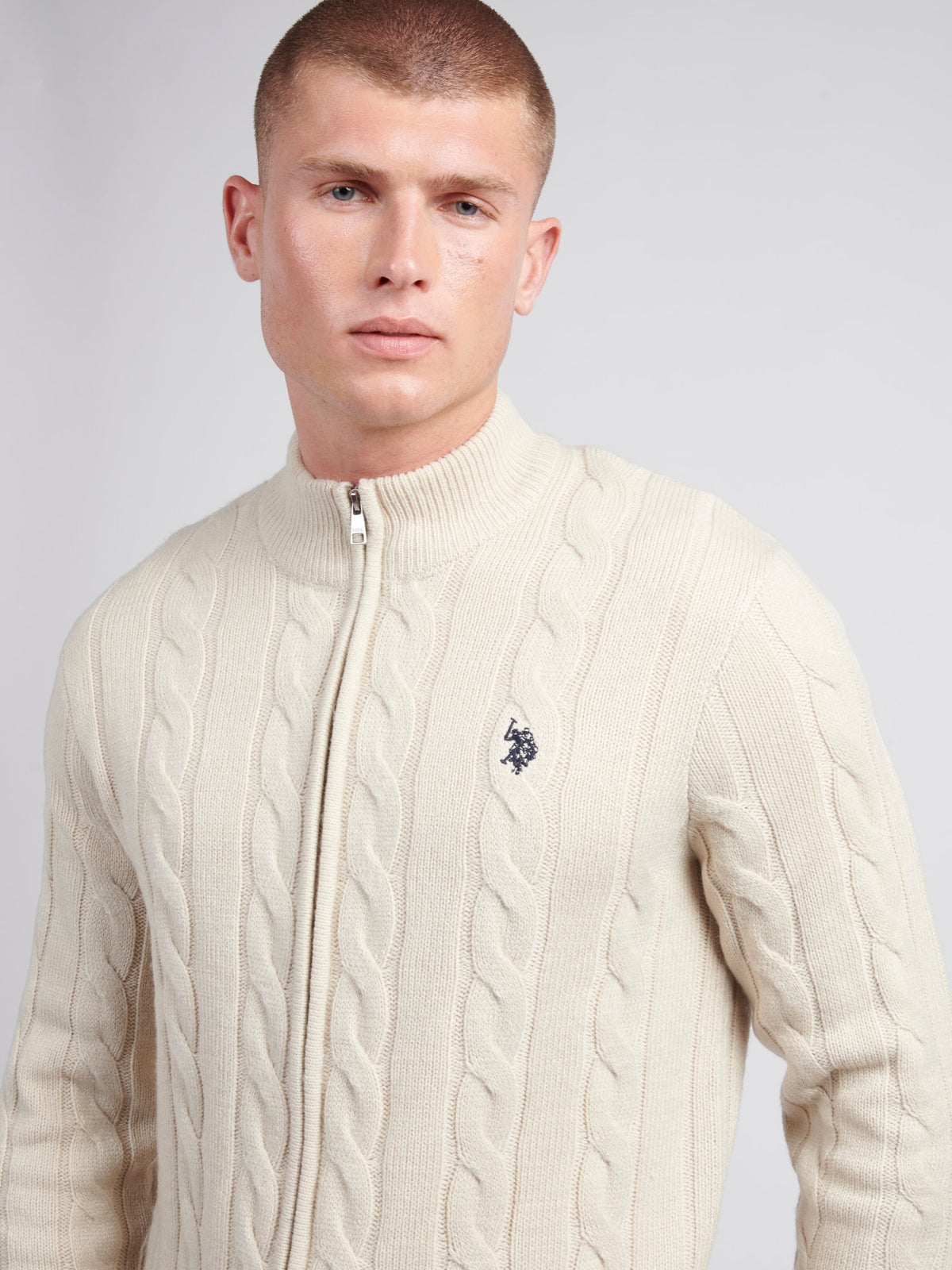 Mens Cable Knit Zip Funnel Neck in Birch Marl