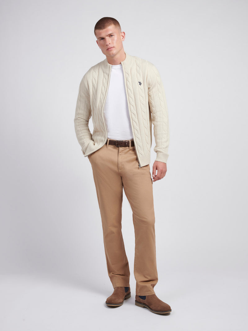 Mens Cable Knit Zip Funnel Neck in Birch Marl