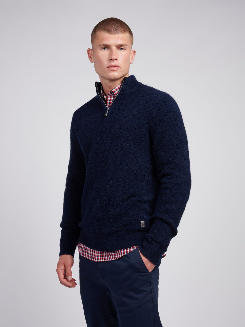 Mens Boucle Knit Funnel Neck in Dark Sapphire Navy