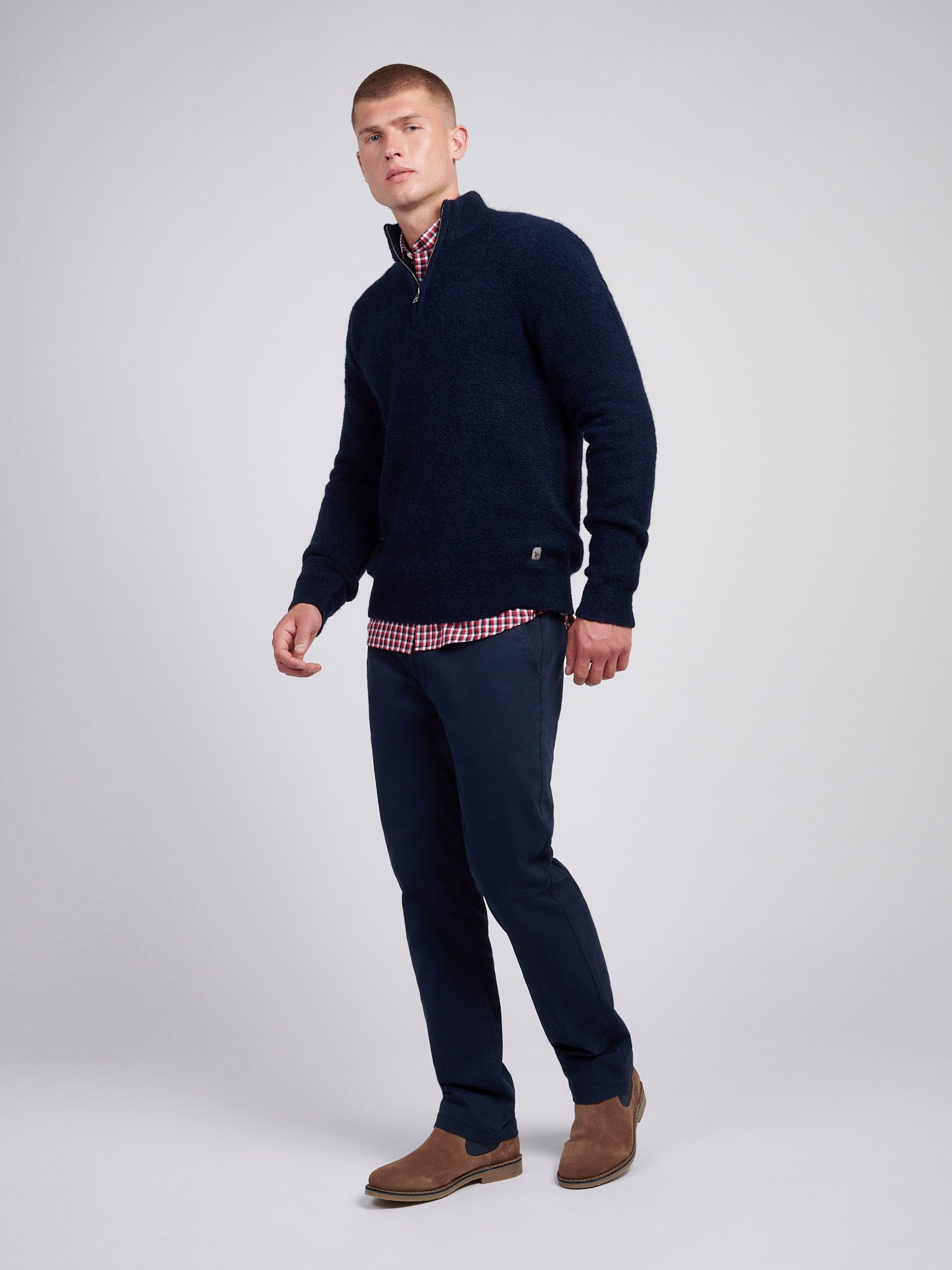 Mens Boucle Knit Funnel Neck in Dark Sapphire Navy