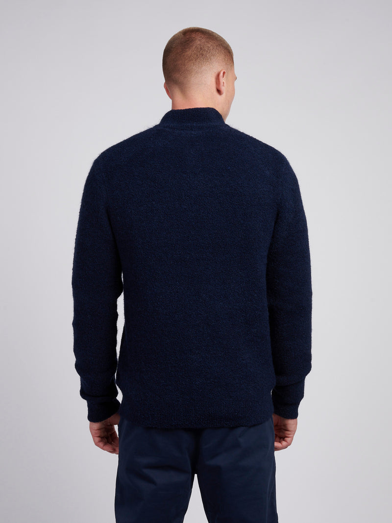 Mens Boucle Knit Funnel Neck in Dark Sapphire Navy