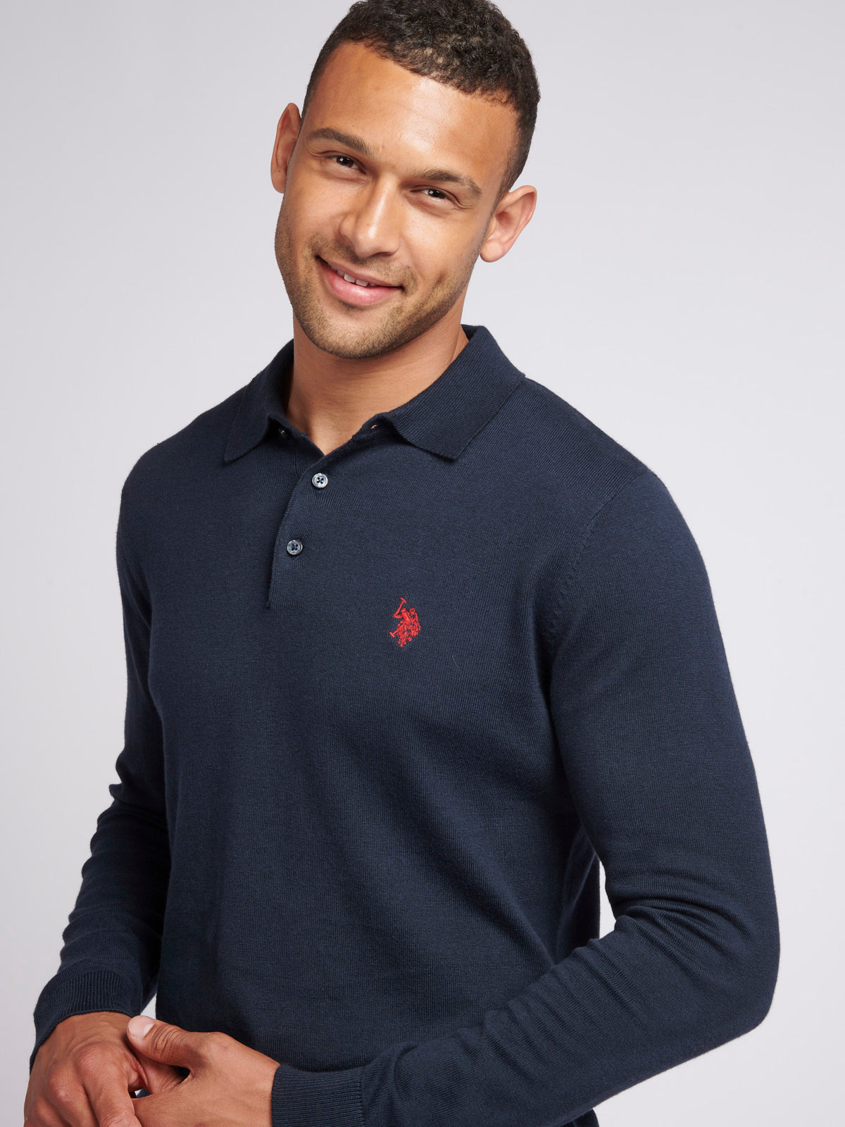 Mens Long Sleeve Knitted Polo Shirt in Dark Sapphire Navy / Haute Red DHM