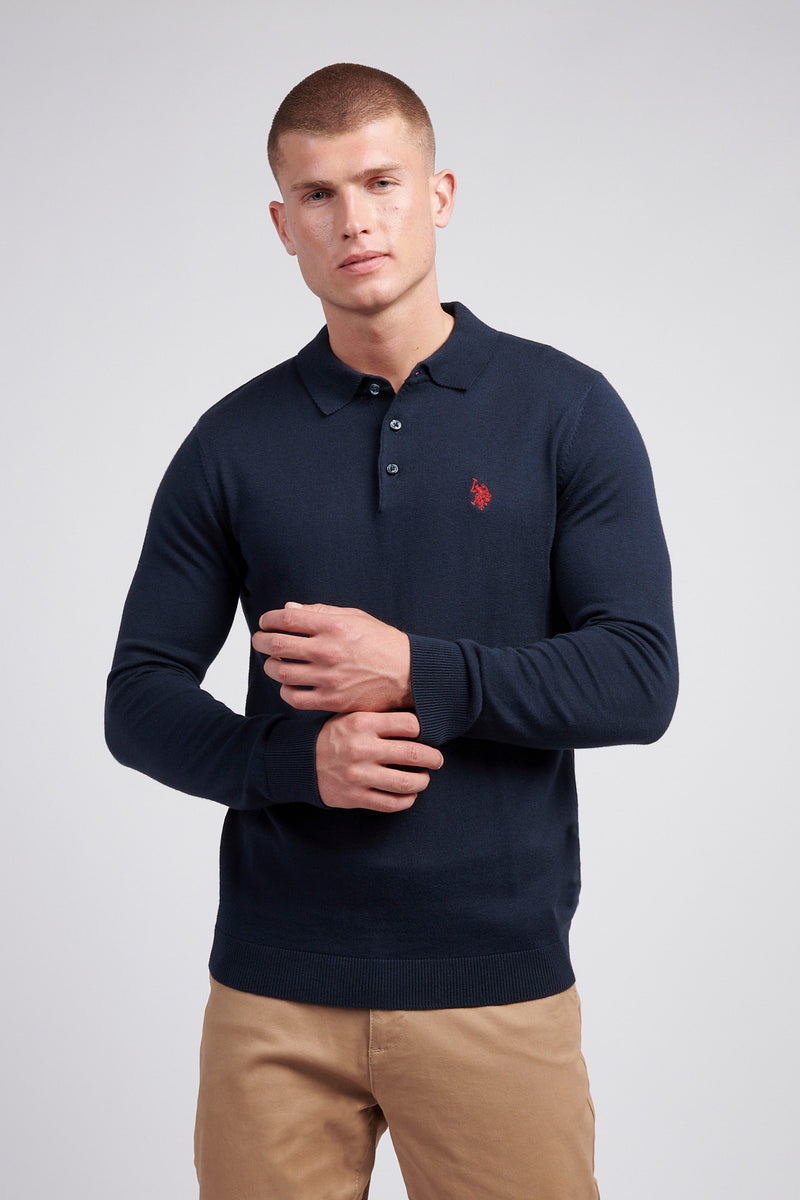 Mens Long Sleeve Knitted Polo Shirt in Dark Sapphire Navy / Haute Red DHM