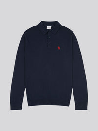 Mens Long Sleeve Knitted Polo Shirt in Dark Sapphire Navy / Haute Red DHM