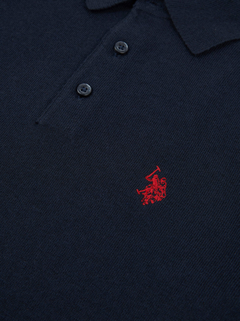 Mens Long Sleeve Knitted Polo Shirt in Dark Sapphire Navy / Haute Red DHM