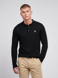 Mens Long Sleeve Knitted Polo Shirt in Black Bright White DHM